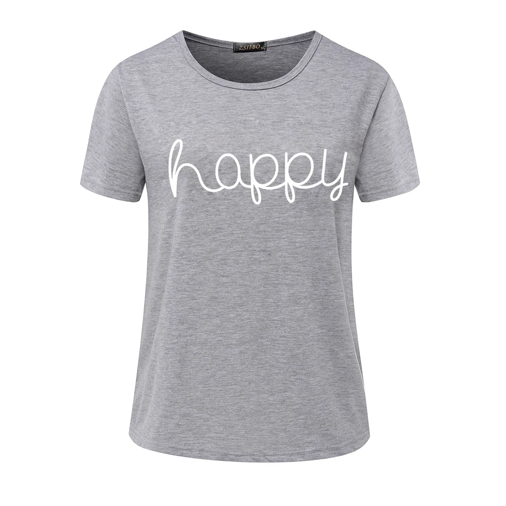 

Blouse and shirt Happy Print Women Summer Shirt Fashion Solid Short Sleeve Top O Neck Casual shirts S/M/L/XL/XXL Camisetas Mujer