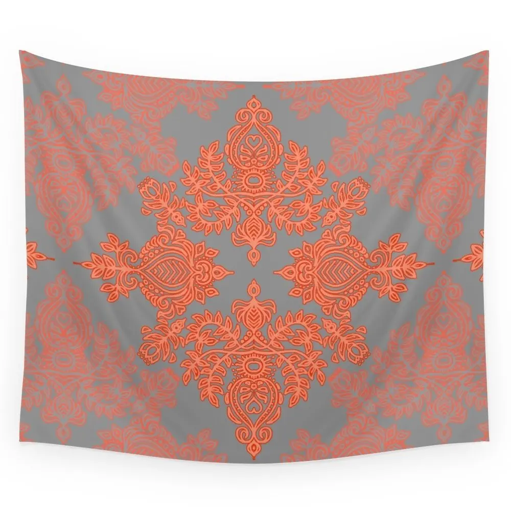 Burnt Orange, Coral & Grey Doodle Pattern Wall Tapestrywall tapestry