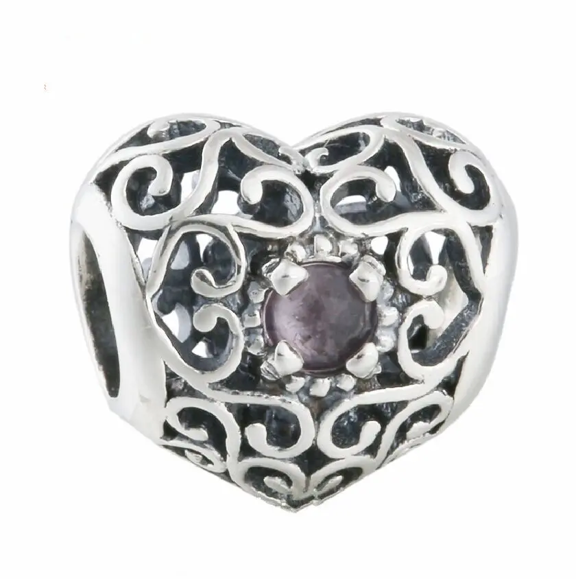 

Xmas Gift 925 Sterling Silver Openwork February Signature Purple Crystal Heart Birthstone Charm Beads Fit Brand Bracelets