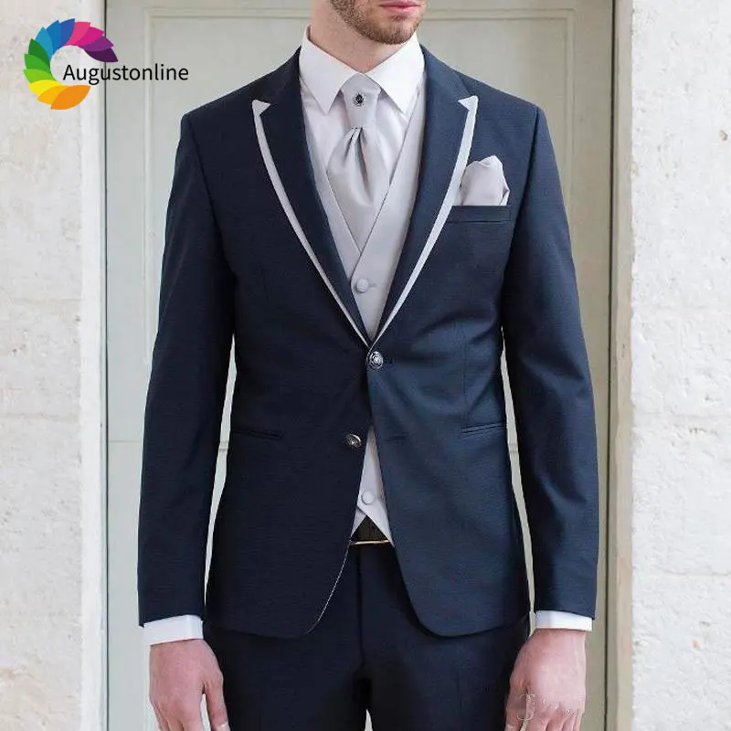 Italian Customized Navy Blue Mens Wedding Suits White Peaked Lapel Groom Tuxedos Men Suit 2018 3 Pieces Jacket Pant Vest Ternos