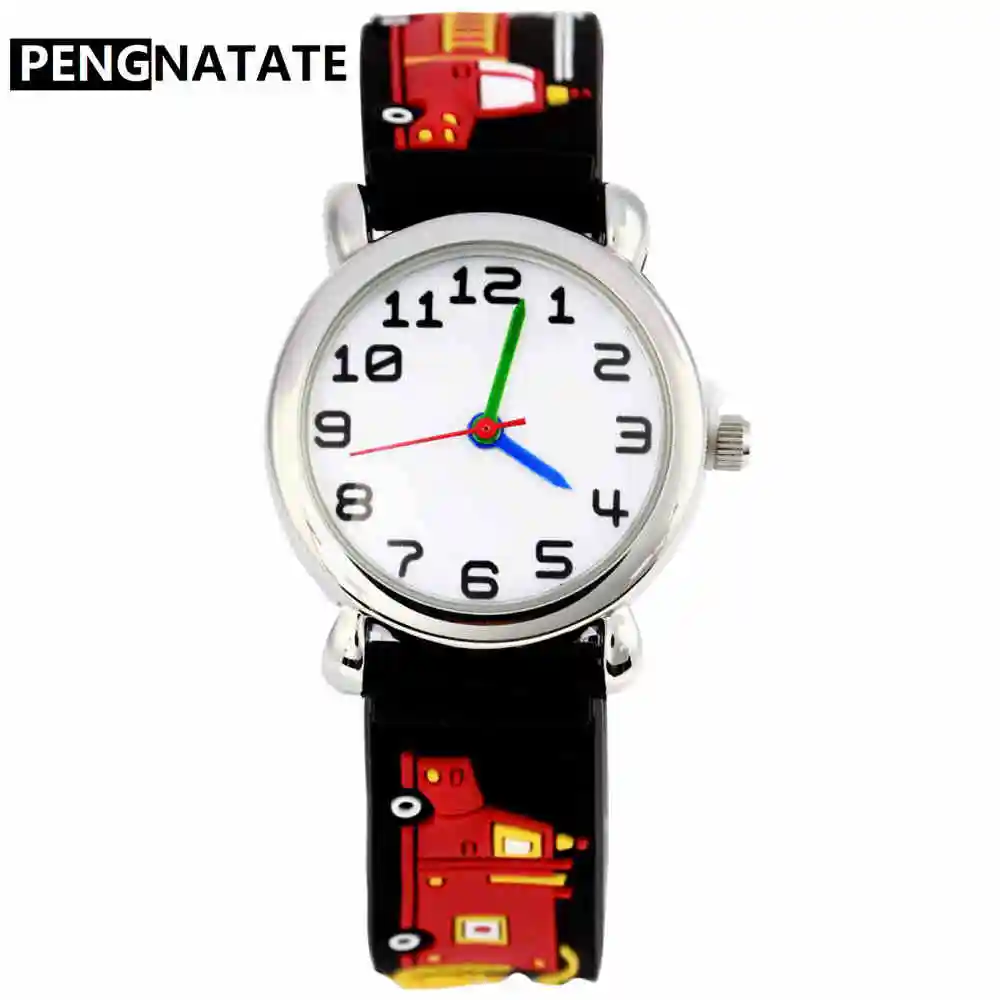 PENGNATATE 3D мультфильм пожарная машина часы для мальчиков мода студентов дети подарок Детские Кварцевые часы силиконовый браслет наручные часы - Цвет: Черный