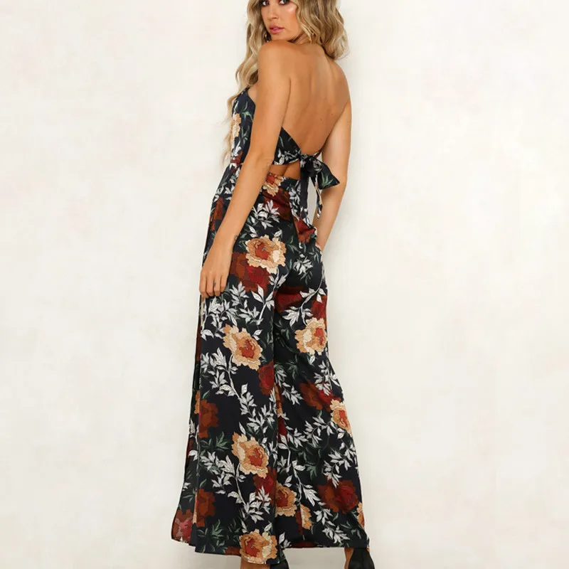 yashangyi Sexy Strapless Jumpsuit For Women Vintage Floral Print Rompers Wide Leg Pants Bohemian Beach Overalls Jumpsuit Femme