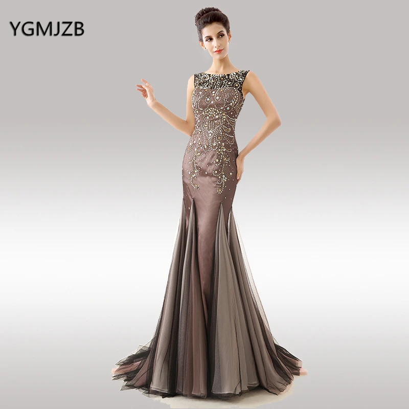 

Luxury Long Mermaid Evening Dresses 2018 Scoop Sleeveless Beaded Crystals Floor Length African Prom Evening Gown Robe De Soiree