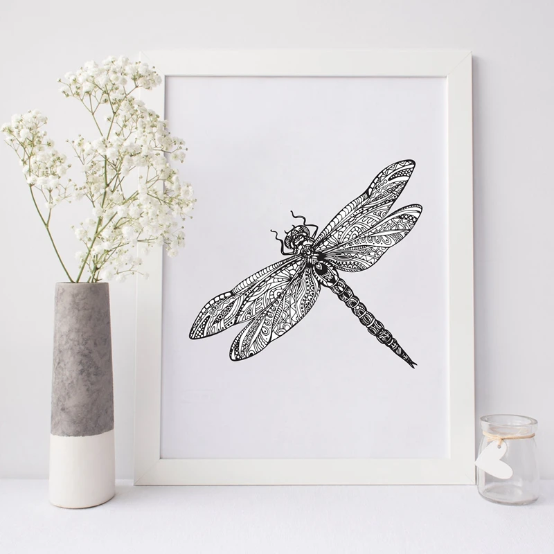 Hand-Drawn-Dragonfly-Print-Pictures-Canvas-Painting-Black-White-Animal-Dragonfly-Modern-Home-Living-Room-Summer
