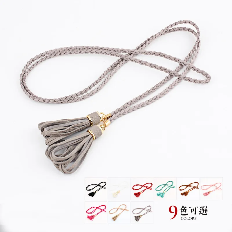 Buy PU Leather Tassel belt Women Ladies Braided Belt Thin Waist Tassles Rope