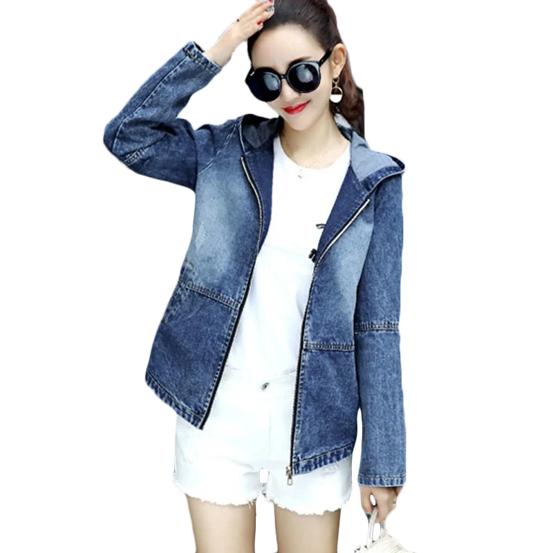 

Spring Autumn Embroidered Denim Short Jacket Women Casual Loose Student Jeans Jacket Womens Plus Size Hooded Bomber Jackets F828