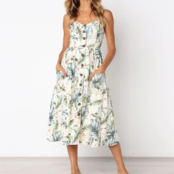 

Summer Women Dress 2020 Vintage Sexy Bohemian Floral Tunic Beach Dress Sundress Pocket Red White Dress Striped Female Brand #YL5