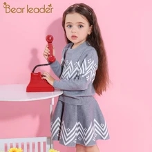 Bear Leader/комплекты с юбкой для девочек, осенне-зимний свитер с длинными рукавами и геометрическим узором+ юбка, трикотажный комплект из 2 предметов для детей 3-7 лет