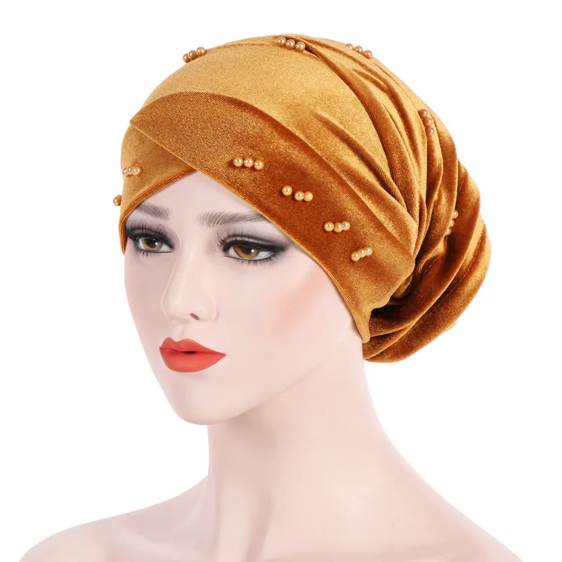 Шляпы женские бархатные банданы Женские повседневные мусульманские Бисероплетение жемчужные оборки шляпа модная теплая шапочка шарф
