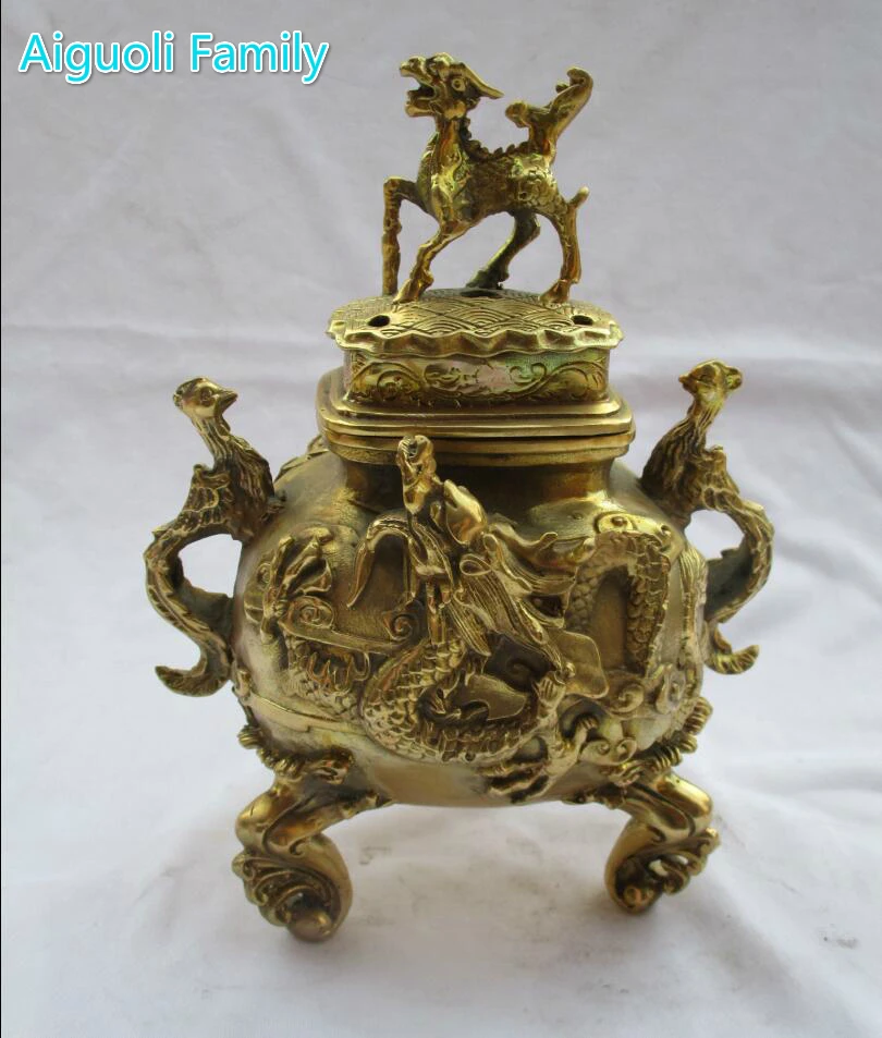 Antique Antiques Chinese Brass Carved Big Dragon Phoenix Kirin Big
