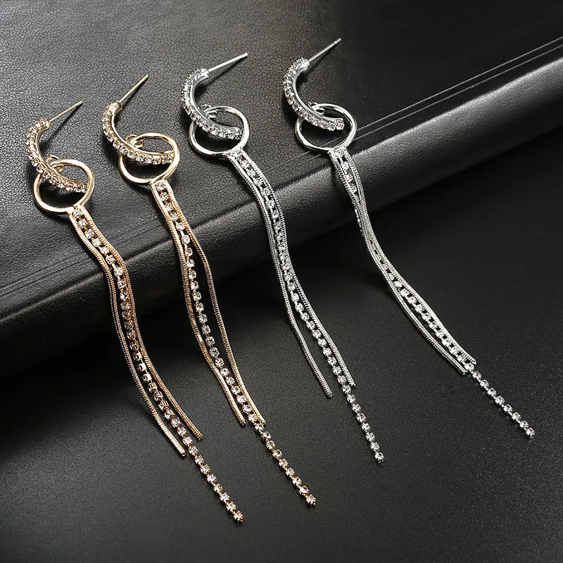 New Fashion Golden Silver Plated Dangle Hanging Black Rhinestone Long Drop Earrings For Women Jewelry brincos bijoux