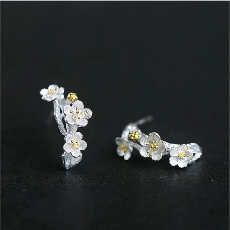 

925 Sterling Silver Earrings Women Branch Plum Blossom Flower Stud Earrings Prevent Allergy Female Cherry Fine Jewelry ES470
