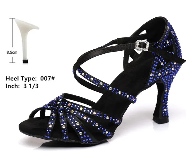 Женская обувь для танцев; Обувь для бальных танцев; обувь для сальсы; женские сандалии для латинских танцев; блестящий синий цвет; высокий средний низкий каблук; цвет под заказ; купон со скидкой - Цвет: blue 8.5cm