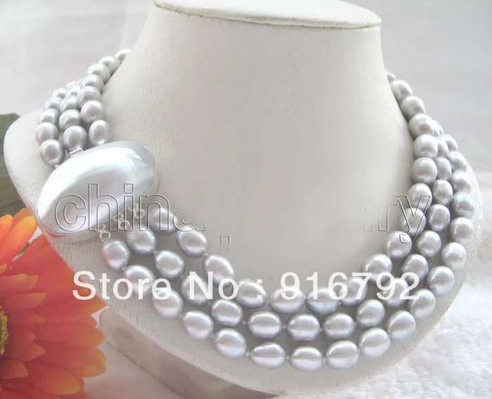 

free shipping >>>>>3row 17-19"10-12mm gray baroque freshwater pearl necklace - 925 gray shell clasp ##a #a