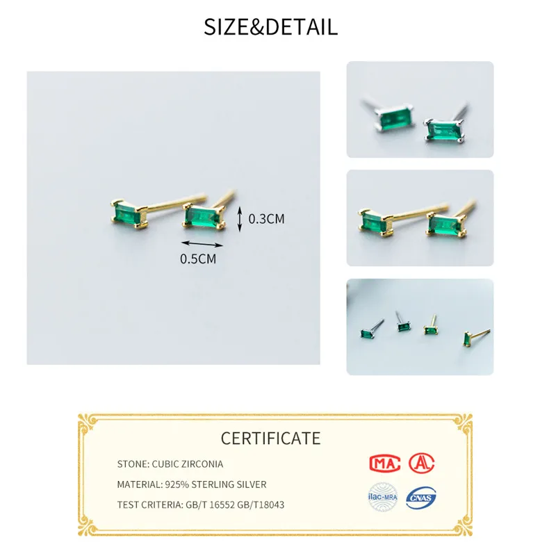 INZATT Minimalist Stud Earrings For Women party Geometric Square Green Zircon Gold Color 925 Sterling Silver Fine Jewelry