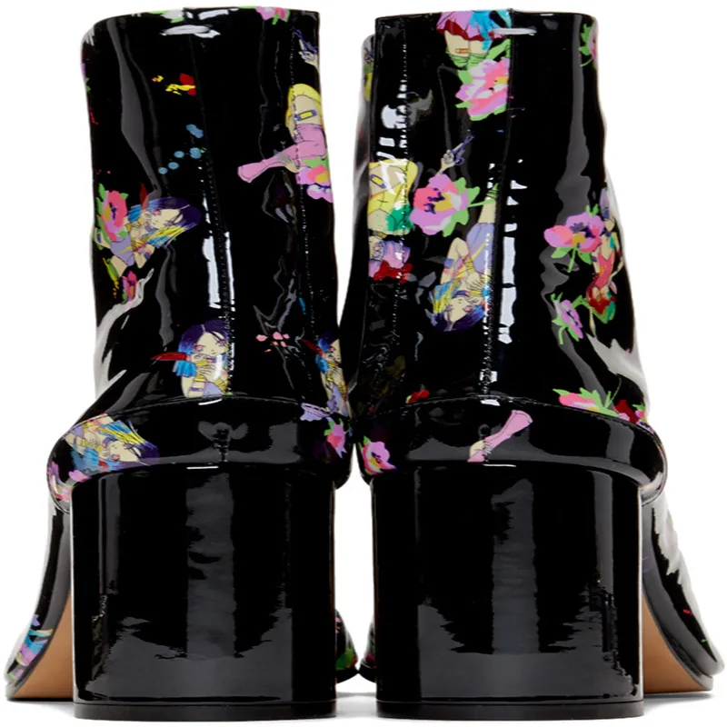 Runway Print Genuine Leather Split Toe Ankle Boots Woman Chunky High Heel Women Boots Black Roman boots zapatos de mujer