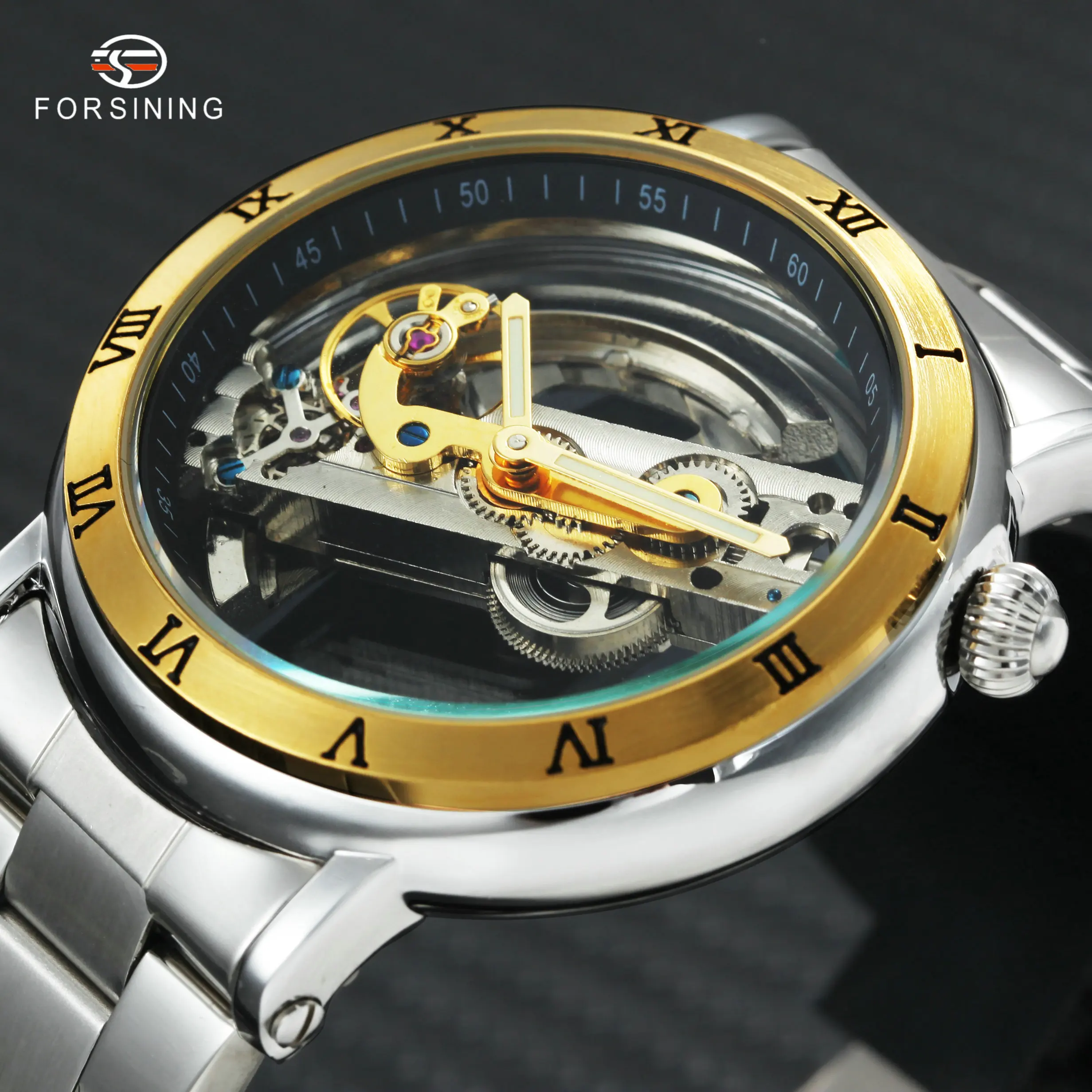 

FORSINING Royal Golden Bridge Watches Men Full Steel Transparent Luminous Hands Dial Top Brand Luxury Auto Mechanical Wristwatch