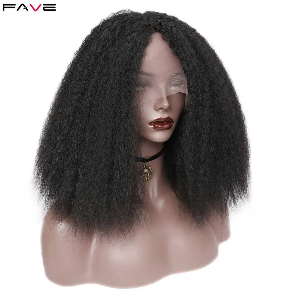 

FAVE Lace Front Afro Kinky Curly Wigs Synthetic Natural Black Shoulder Length High Temperature Fiber Black/White Women's Wig