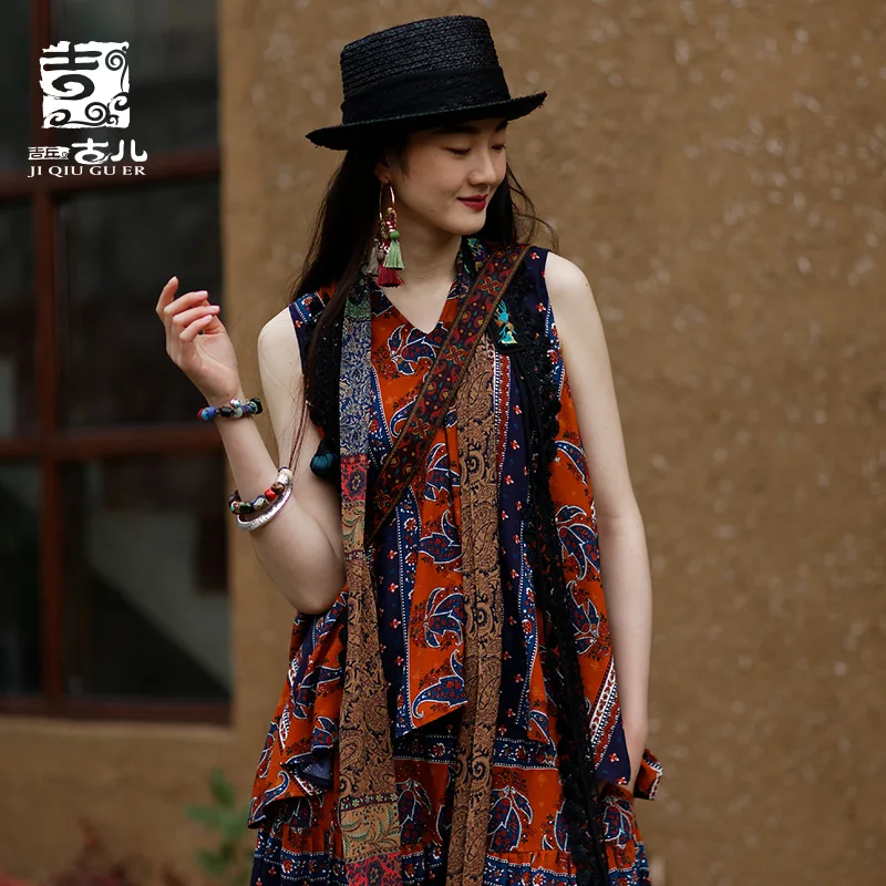 

Jiqiuguer Ethnic Dress Exotic Printed Sleeveless T-shirt V-Neck Pullover Print Retro Short Tank Top For Women G191Y006