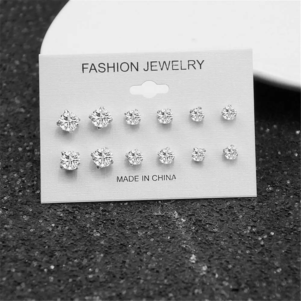 Fashion 6 pair/set Women Round Crystal Stud Earrings for Women Cubic Zircon Piercing Earrings for Girls Jewelry Gift jn0462 - Окраска металла: Светло-желтый цвет