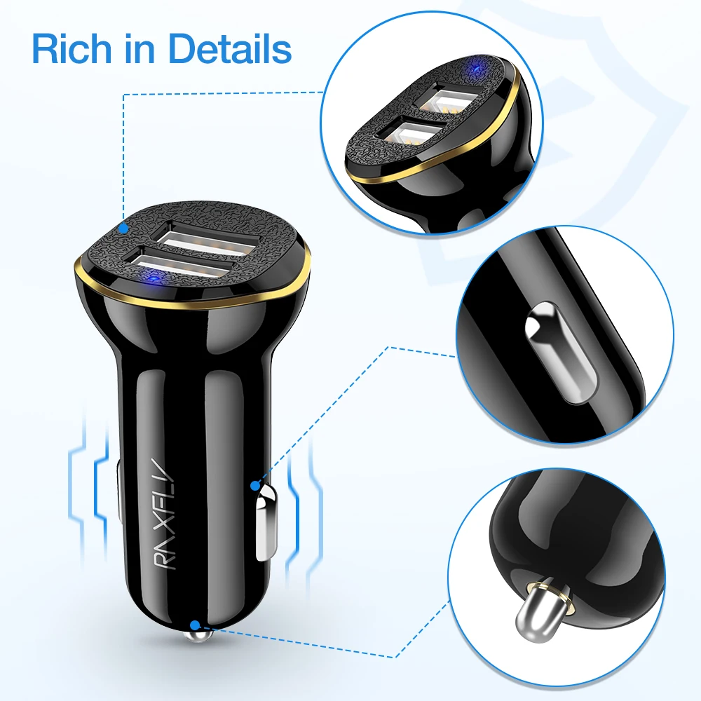 RAXFLY سيارة USB مهايئ شاحن شواحن الهاتف المحمول 2 ميناء USB سيارة شاحن آيفون سامسونج Xiaomi شاحن الجهاز اللوحي السيارات تهمة