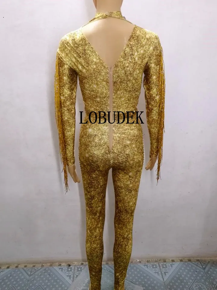 Chanteur 2019 Vêtements Femmes Salopette Outfit Performance D'étape Strass Discothèque Bar Usage Glands Sexy D'anniversaire Or Hôte Show 1rq1xwzf