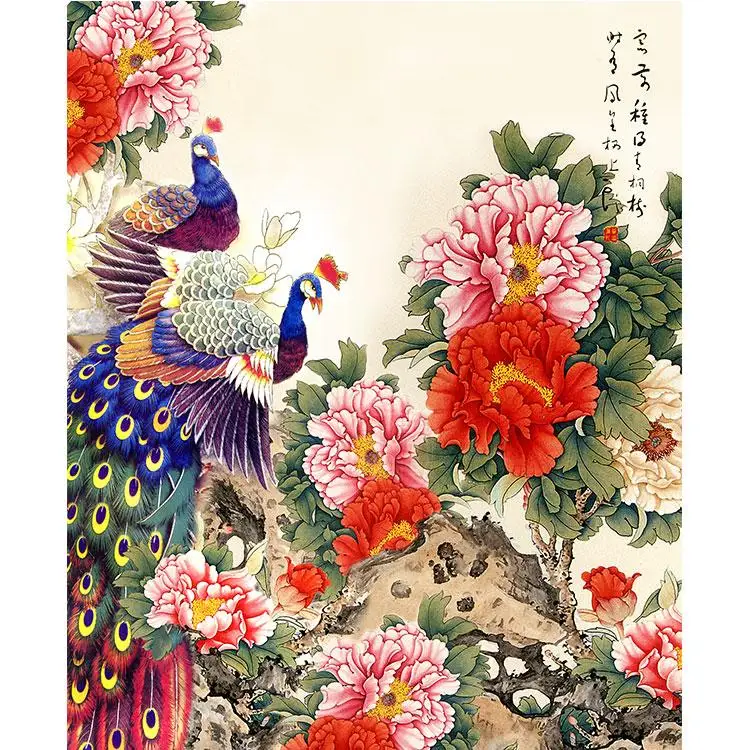 

DIY 100% Mulberry Silk Suzhou Embroidery Sets Printed Patterns Needlework Kits The Peacock Peony 50*60cm