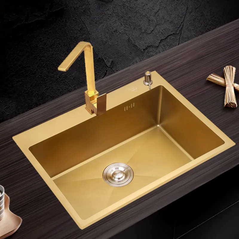 Gold Kichen Sink 304 Stainless Steel Single Bowl Above Counter Or Udermount Sink Vegetable Washing Basin Sinks Kitchen Golden