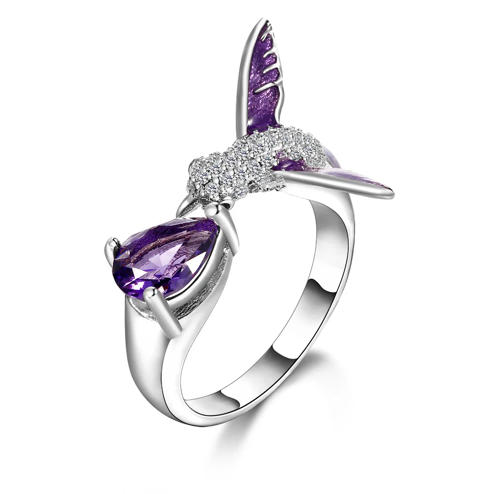 

MOONROCY CZ Cubic Zirconia Rings Jewelry Silver Color Purple Crystal Bohemia Ring Bird for Women Girls Dropshipping Wholesale