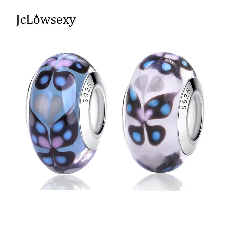 

New Authentic 925 Sterling Silver White Blue Pink Butterfly Murano Glass DIY Beads Charm Fit Original Pandora Bracelets Jewelry