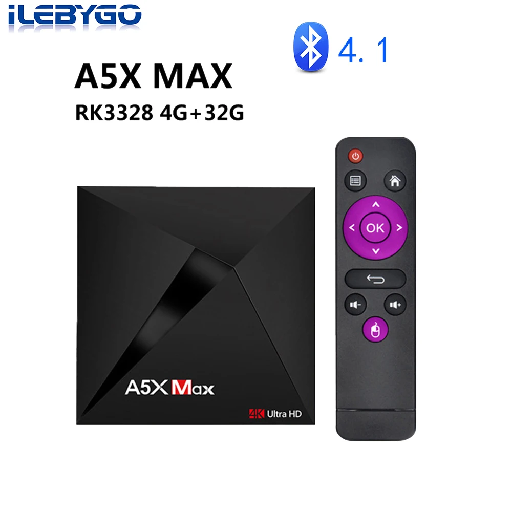

iLebygo A5X MAX TV Box 4G+32G Android 7.1 RK3328 Quad-Core Support 4K DH 3.0 USB 2.4G Wifi Bluetooth 4.1 Smart Set Top Box