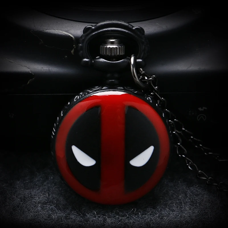 

Small Size New Fashion Black DEADPOOL Marvel Animation Anime Bullet Car Death Note Key Lock Quartz Pocket Watch Pendant Necklace