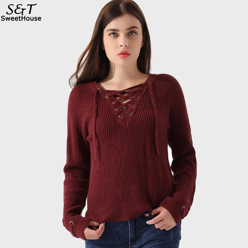 Sweater Women Winter Women Sweaters and Pullovers Lace Up Long Sleeve Solid Irregular Tops Christmas Sweater pull femme hiver
