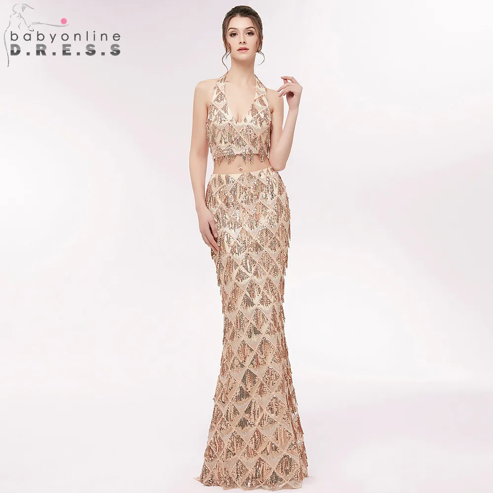 Halter Reflective Two Piece Mermaid Long Evening Dresses 2019 Luxury Beading Sequined Crop Top