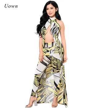 

Party Club Sexy 2 Piece Set Women Autumn Fashion Halter Long Tops Backless Cardigan Coat + Printed Leggings Ladies Trouser Suits