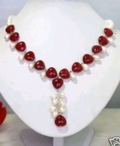 

FREE SHIPPING true white pearl and red stone heart necklace pendant