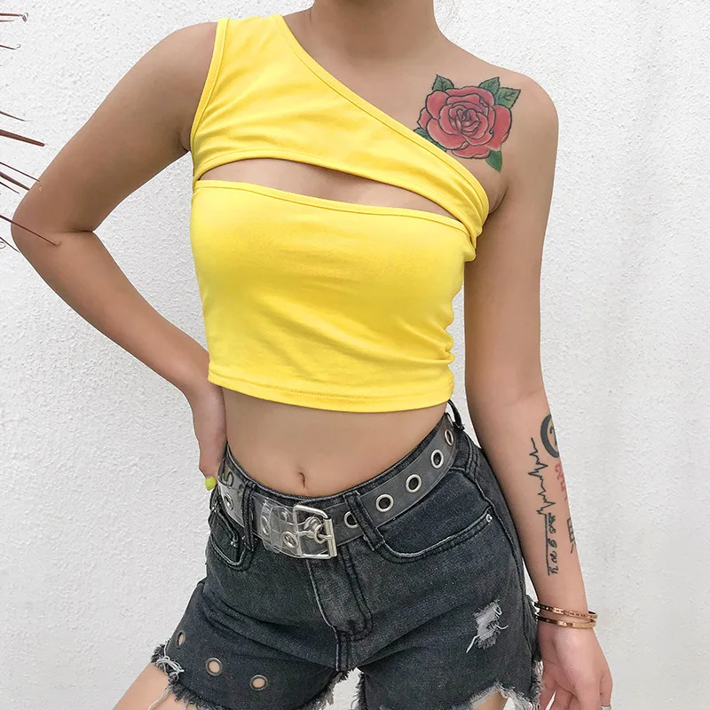 

Cotton Bright Yellow One Shoulder Tank Top Bodycon Backless Vest Crop Top Women Split Hollow out Streetwear Festival Summer Tops