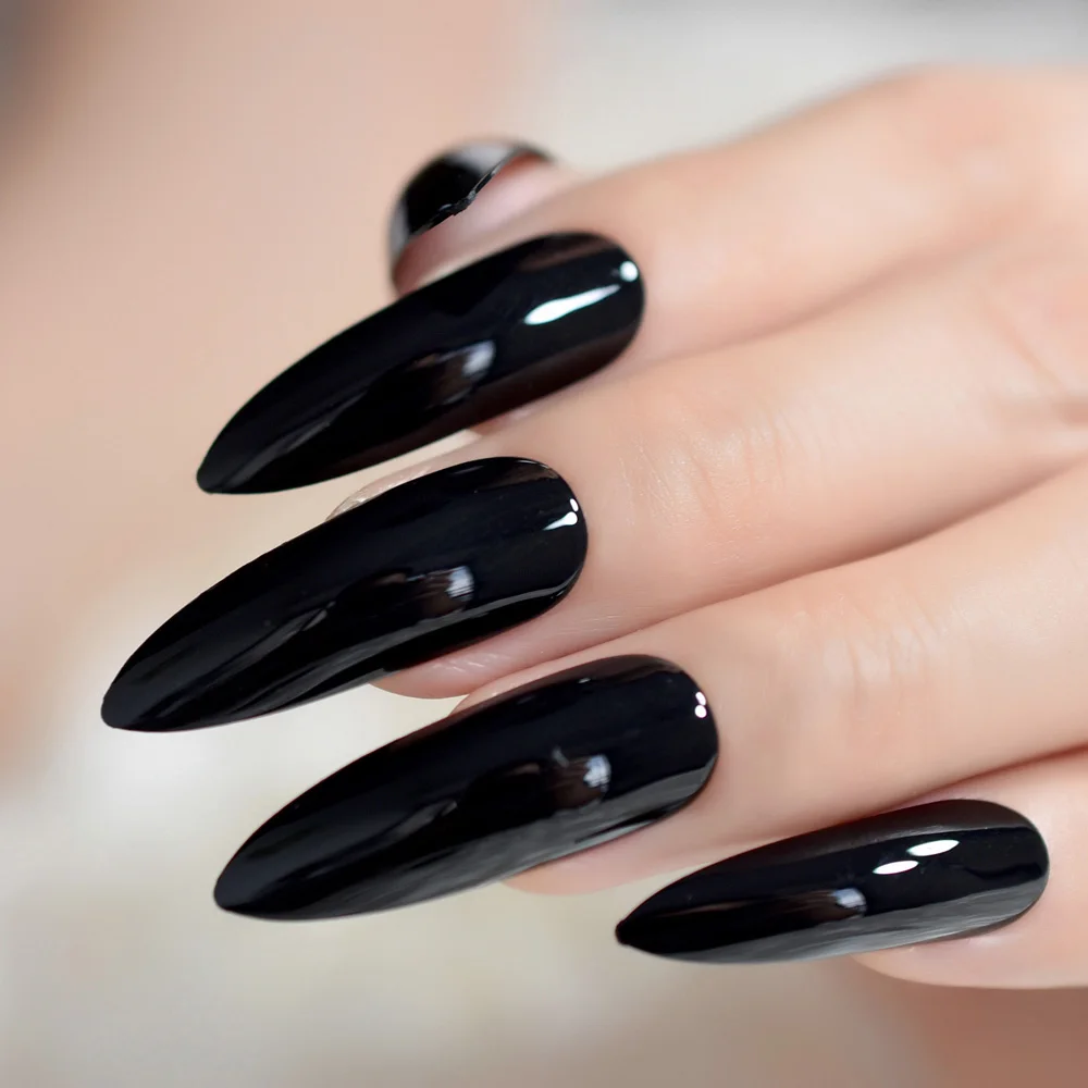 Black Extremely Long Stiletto Nails 24 Full Set of Nails UV Gel Finished Press on Nail Halloween Wi