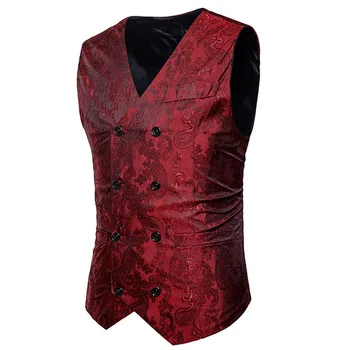

New Spring Mens Groomsmen Waistcoat Korean Double-Breasted Suit Vest V-Neck Male Plus Size S-XXL White Red Black Gold Blue