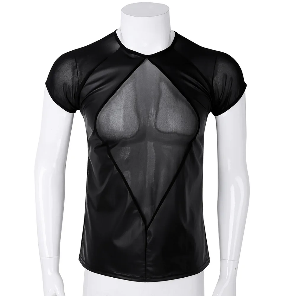 2018 Mens Soft Faux Leather Mesh See-through Patchwork Round Neck Short Sleeves Pullover T-Shirt Fashion Costumes Sexy Tops
