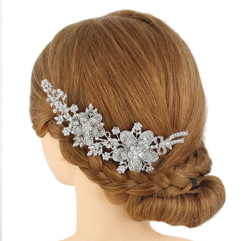 BELLA Classic Flower Silver Gold Tone Wedding Accessories Bridal Hair Comb Piece Clear Austrian Crystal Bridesmaid