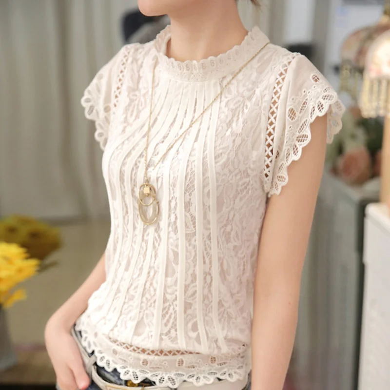 

Blusas Femininas 2018 Summer Women Fashion Plus Size Crochet Hollow out Lace Blouse Short Sleeve White Blouses Shirt Slim Top