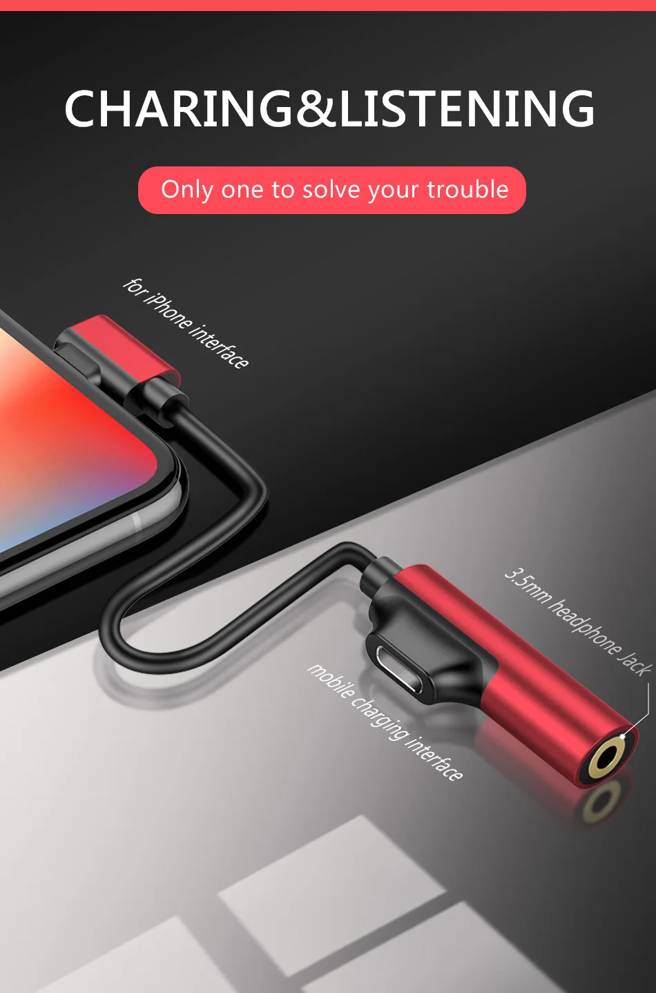 !ACCEZZ 2 IN 1 Lighting Charging Listening Adapter For iphone X 8 7 Plus XS MAX XR Audio 3.5mm Jack Connerter AUX Splitter Cable (2)