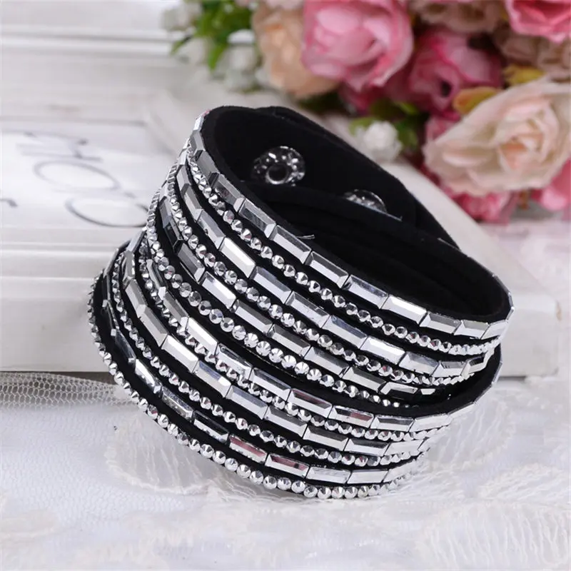 2017 New Fashion Trendy Bracelet Long Crystal Charm Leather Wrap Bracelets & bangles For Women