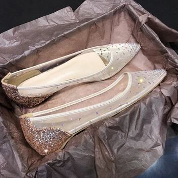 

Pointed Flat Bottom Rhinestone Shoes Female Summer Lace Slip On Casual Fairy Shoes Pointed Toe Bling Mesh Women Dress Shoes