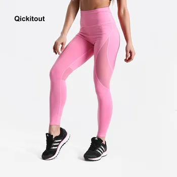 

Qickitout Women Pants Exercise Fitness Trousers Pink&Breathable Mesh Stitching Leggings Spring Long Pants Plus Size