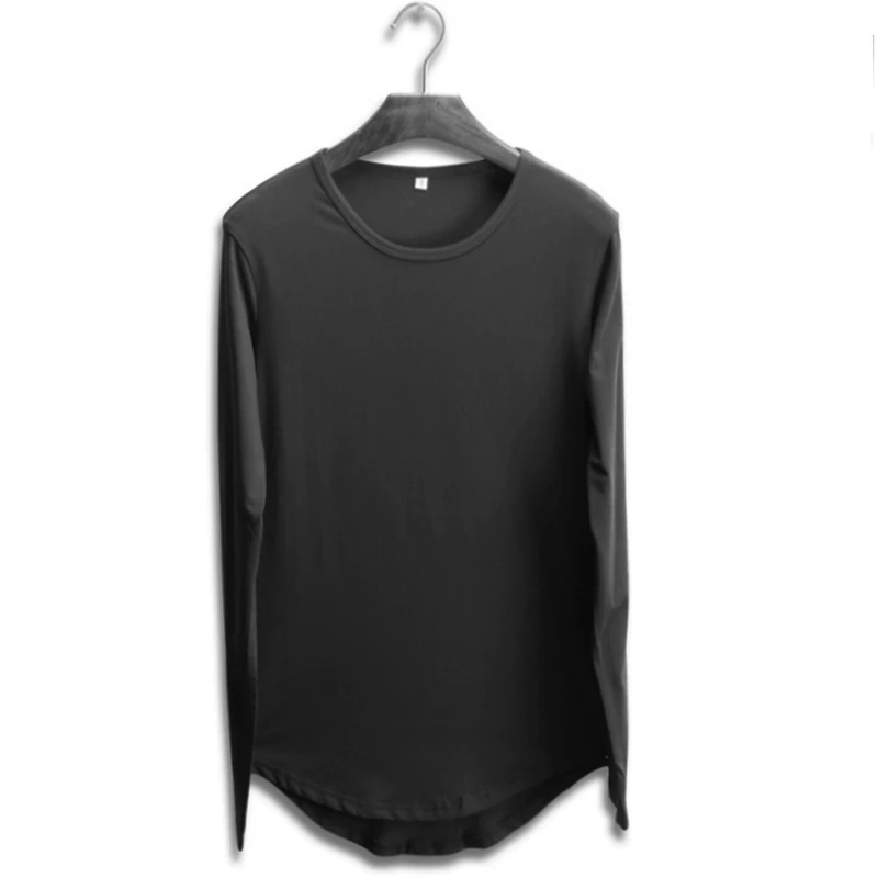 

Curved hem big yards pure color T-shirt men long sleeve T-shirt irregular round collar cultivate one's morality men