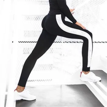 

WKOUD Side Striped Leggings Women Push Up Sexy Elastic Fitness Leggins High Waist Patchwork Pant Absorption Jeggings P8596