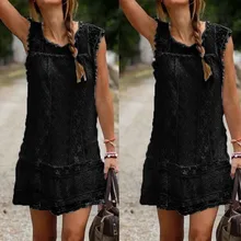 Women Casual Lace Sleeveless Beach Short Dress Tassel Mini Dress