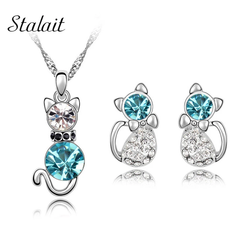 Fashion Gold Color Austrian Crystal cute catty cat necklace earrings